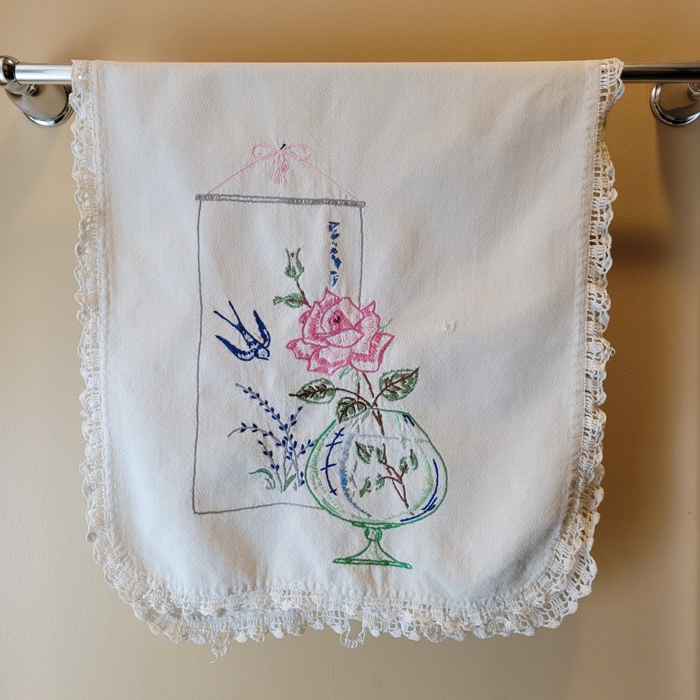 Vintage Hand Embroidered Table Runner Cream Floral Bird Lace